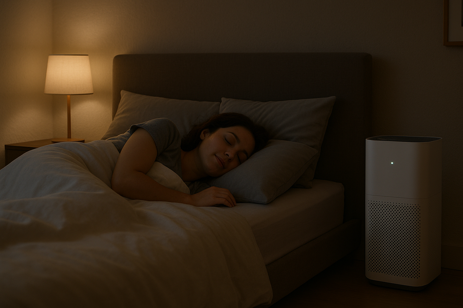 sleeping soundly with an air purifier next to the bed